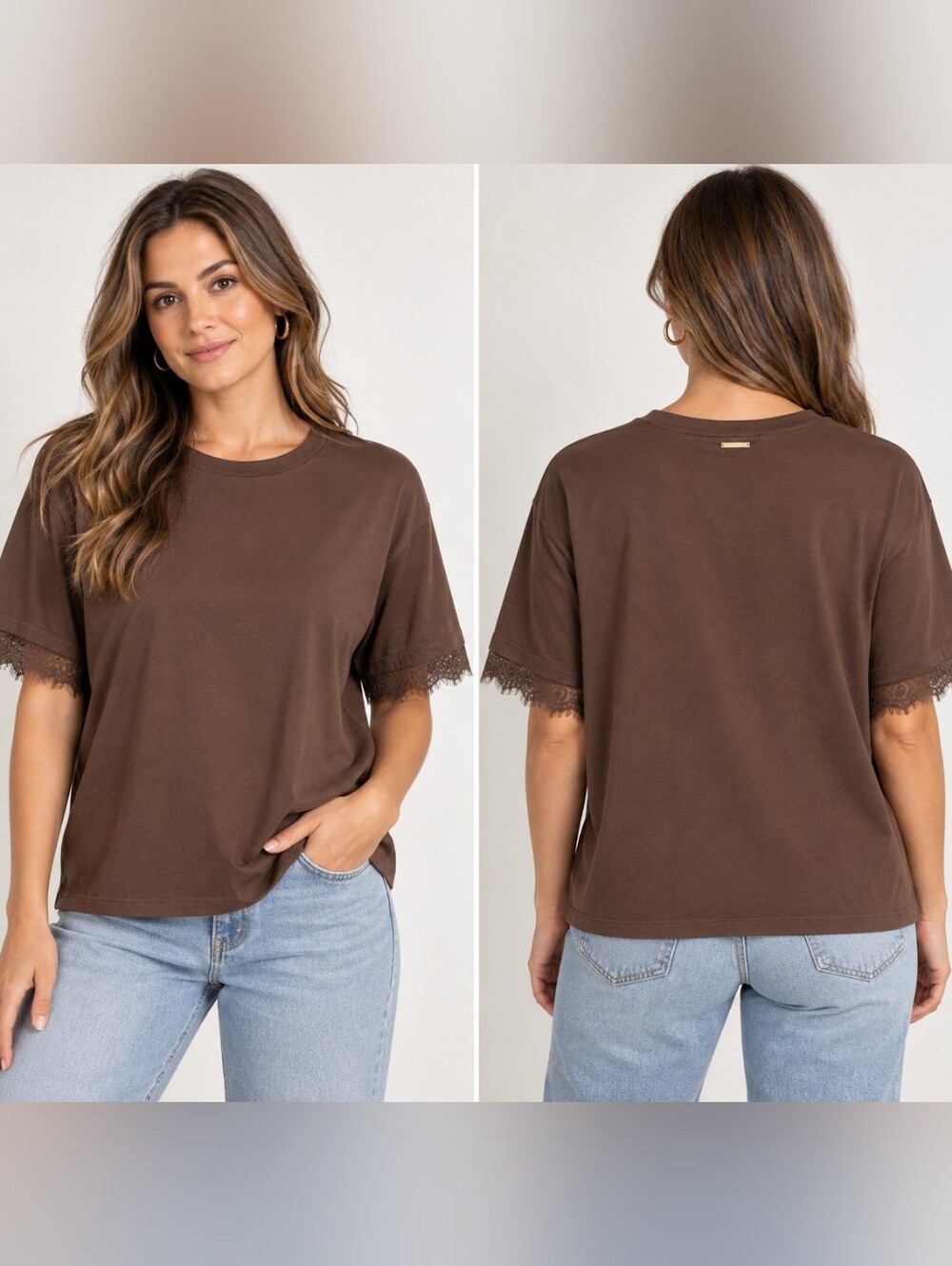 MICHAEL Michael Kors Chocolate Brown Short Sleeve Tee with Lace Trim